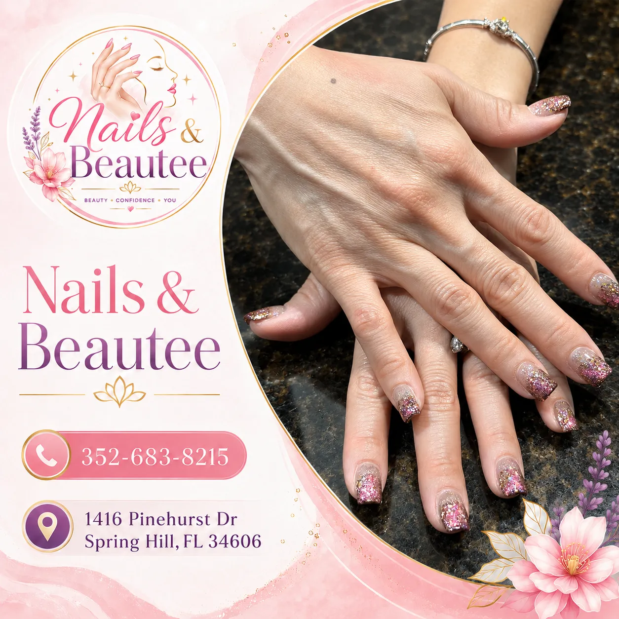 Soft botanical nail art on elongated nails inspiration