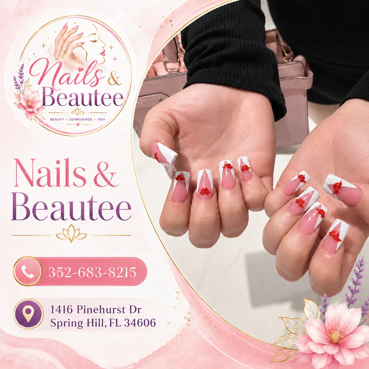 Rose quartz marble-inspired nail art with gold-toned accents