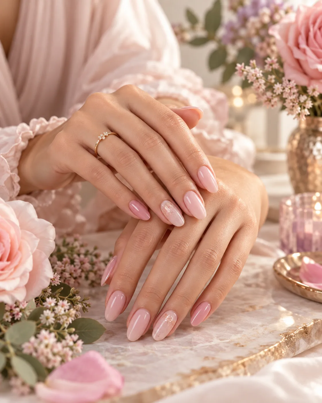 Nail beauty details with soft florals and an ivory-toned styling