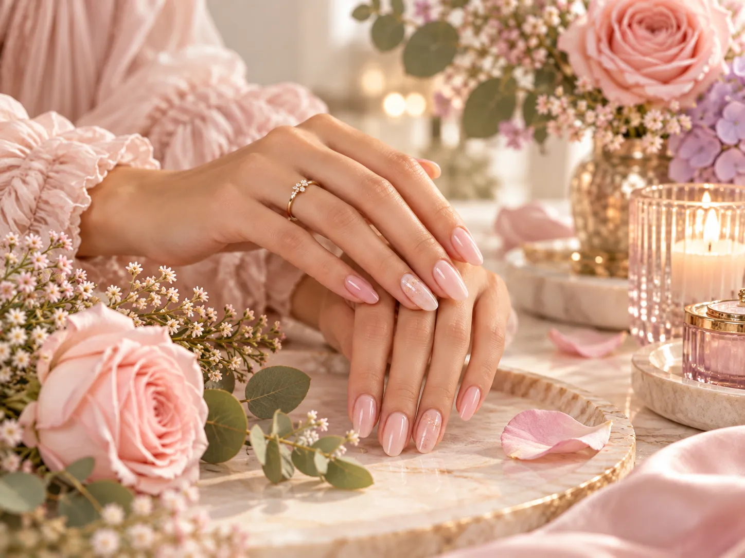 Pink and nude almond manicure with delicate floral accents, editorial beauty image