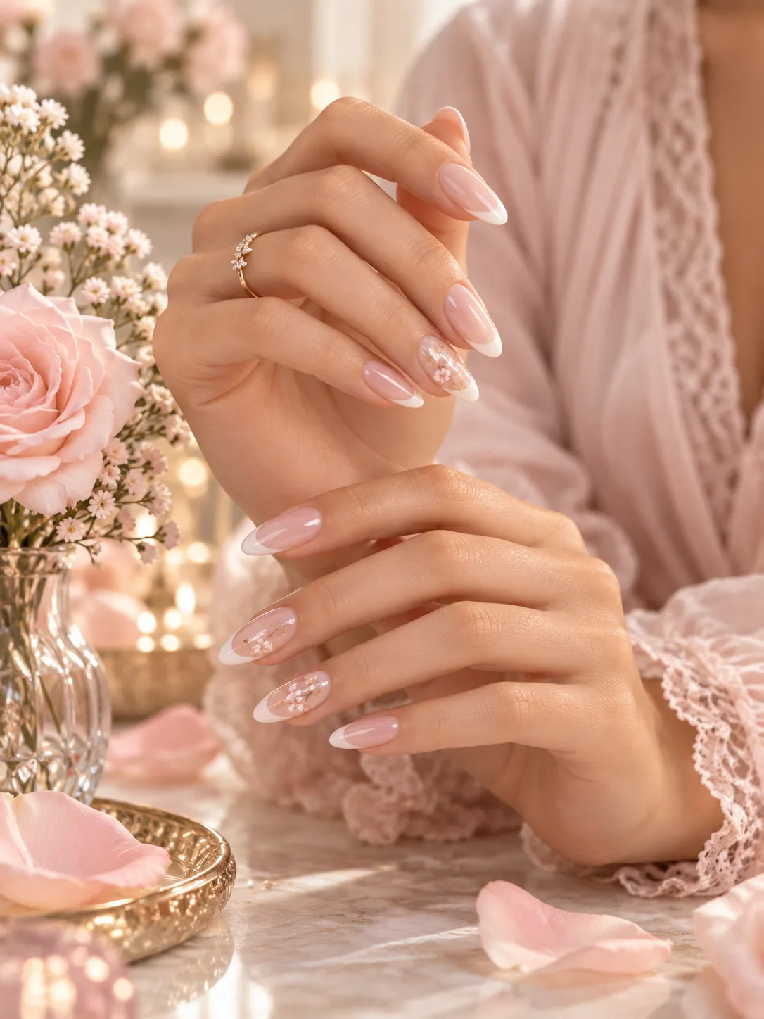 Detailed manicure with soft blush and lavender styling