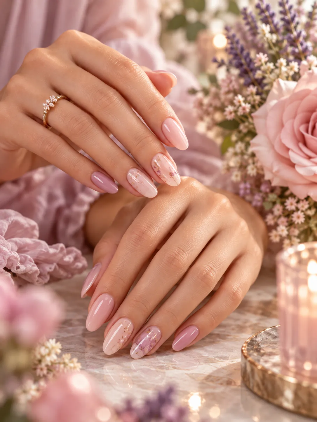 Almond manicure nail design inspiration in soft pink tones